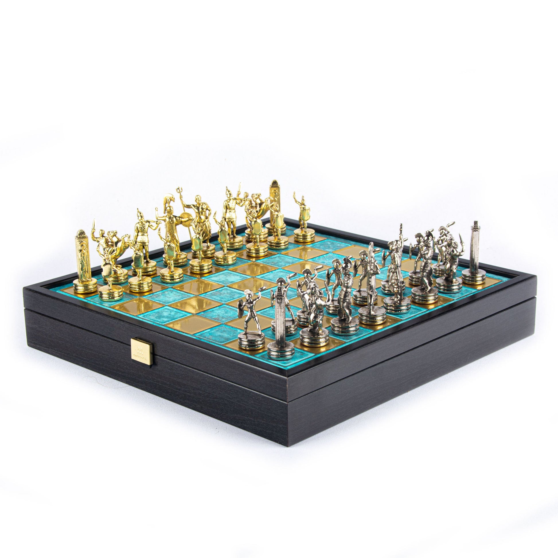 GREEK MYTHOLOGY CHESS SET in wooden box with gold/silver chessmen and bronze chessboard 34 x 34cm (Medium) - Premium Chess from MANOPOULOS Chess & Backgammon - Just €183! Shop now at MANOPOULOS Chess & Backgammon