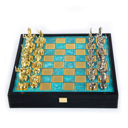 GREEK MYTHOLOGY CHESS SET in wooden box with gold/silver chessmen and bronze chessboard 34 x 34cm (Medium) - Premium Chess from MANOPOULOS Chess & Backgammon - Just €183! Shop now at MANOPOULOS Chess & Backgammon