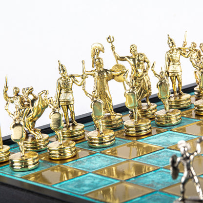 GREEK MYTHOLOGY CHESS SET in wooden box with gold/silver chessmen and bronze chessboard 34 x 34cm (Medium) - Premium Chess from MANOPOULOS Chess & Backgammon - Just €183! Shop now at MANOPOULOS Chess & Backgammon