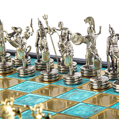 GREEK MYTHOLOGY CHESS SET in wooden box with gold/silver chessmen and bronze chessboard 34 x 34cm (Medium) - Premium Chess from MANOPOULOS Chess & Backgammon - Just €183! Shop now at MANOPOULOS Chess & Backgammon