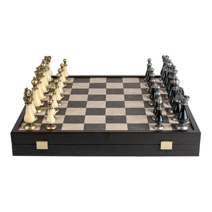 Black/White Leather Chessboard - 50x50cm with Brass and Pewter Finish Chessmen & Pearl Elements - Premium Chess from MANOPOULOS Chess & Backgammon - Just €318! Shop now at MANOPOULOS Chess & Backgammon