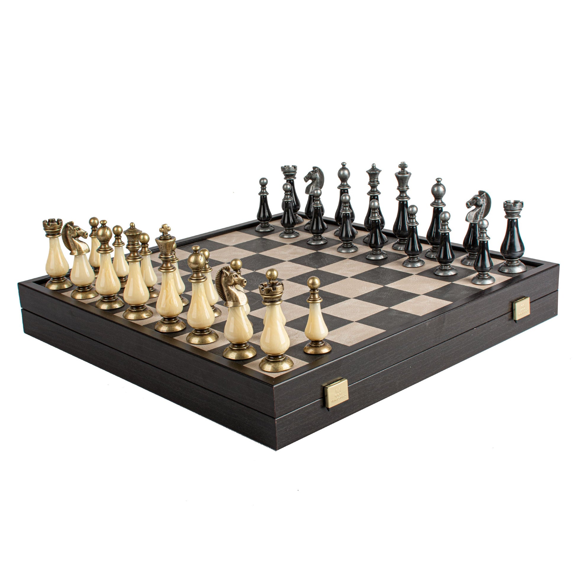 Black/White Leather Chessboard - 50x50cm with Brass and Pewter Finish Chessmen & Pearl Elements - Premium Chess from MANOPOULOS Chess & Backgammon - Just €318! Shop now at MANOPOULOS Chess & Backgammon