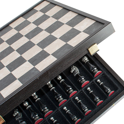 Black/White Leather Chessboard - 50x50cm with Brass and Pewter Finish Chessmen & Pearl Elements - Premium Chess from MANOPOULOS Chess & Backgammon - Just €318! Shop now at MANOPOULOS Chess & Backgammon