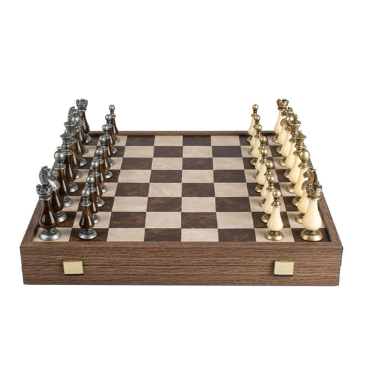 Brown/Ivory Leather Chessboard - 50x50cm with Brass and Pewter Finish Chessmen & Pearl Elements - Premium Chess from MANOPOULOS Chess & Backgammon - Just €318! Shop now at MANOPOULOS Chess & Backgammon