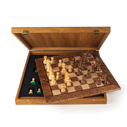 Walnut Burl Chessboard with Wooden Staunton Chessmen 40x40cm (7,7cm King) - Premium Chess from MANOPOULOS Chess & Backgammon - Just €229! Shop now at MANOPOULOS Chess & Backgammon