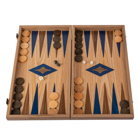 Handcrafted Oak/Blue & American Walnut Backgammon Set - Elegant Marquetry Design