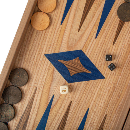 Handcrafted Oak/Blue & American Walnut Backgammon Set - Elegant Marquetry Design