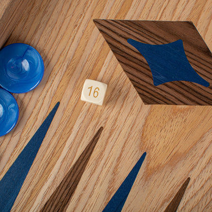 Handcrafted Oak/Blue & American Walnut Backgammon Set - Elegant Marquetry Design