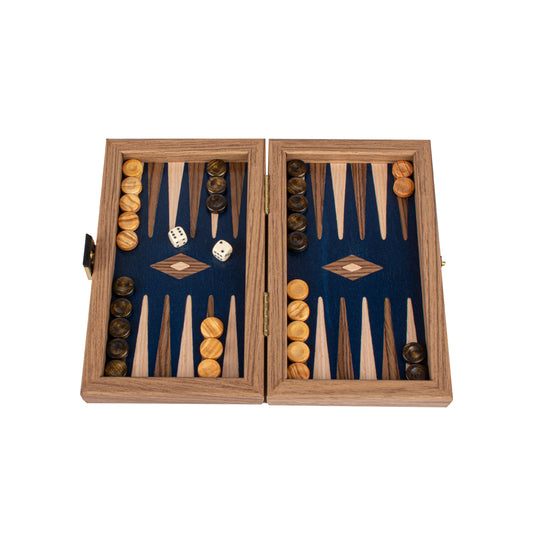 Handcrafted Oak/Blue & Walnut Backgammon Set - Elegant Marquetry Design