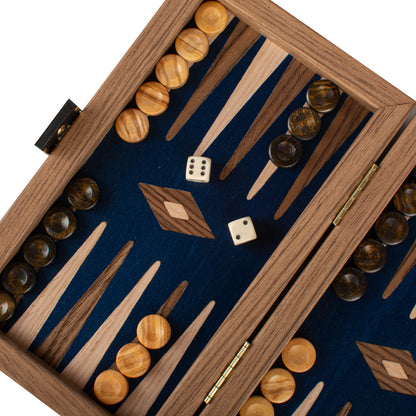 Handcrafted Oak/Blue & Walnut Backgammon Set - Elegant Marquetry Design