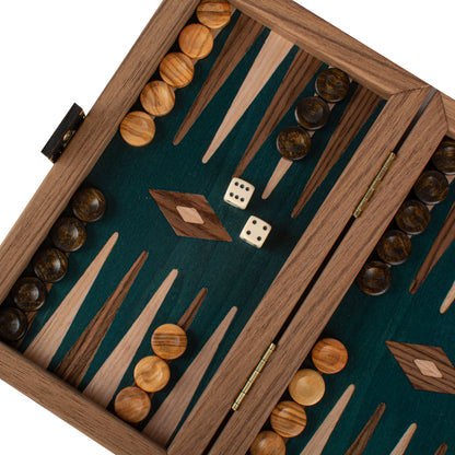 Handcrafted Oak/Green & Walnut Backgammon Set - Elegant Marquetry Design