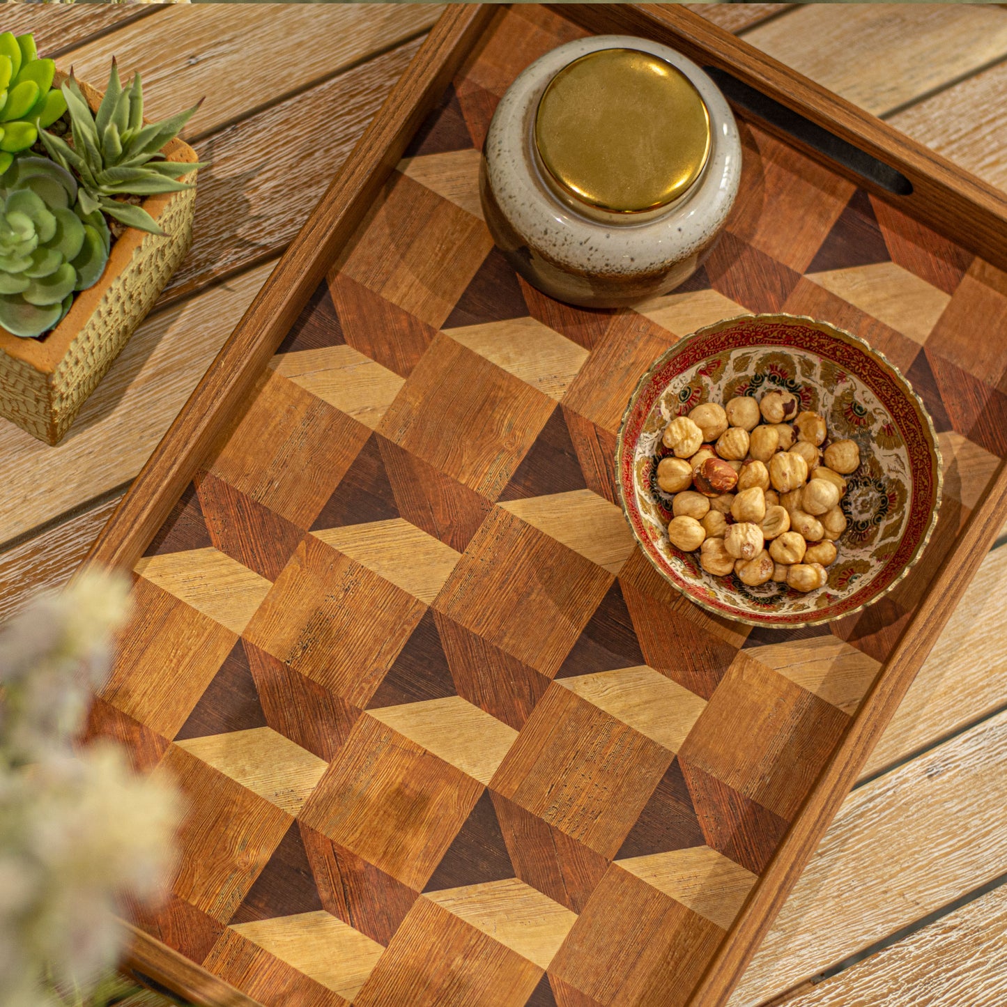 Luxury Wood Motif Design Wooden Tray - Handcrafted Decorative Design