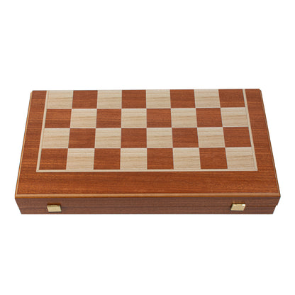 Handcrafted Mahogany 3-in-1 Chess, Backgammon, and Checkers Set - Elegant Marquetry Design