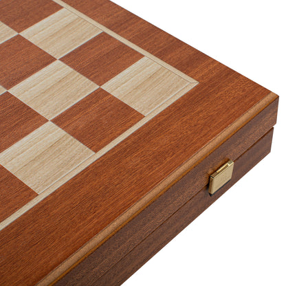 Handcrafted Mahogany 3-in-1 Chess, Backgammon, and Checkers Set - Elegant Marquetry Design