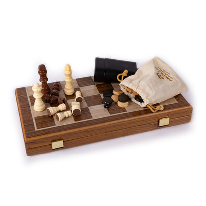 Handcrafted Walnut 3-in-1 Chess, Backgammon, and Checkers Set - Elegant Marquetry Design