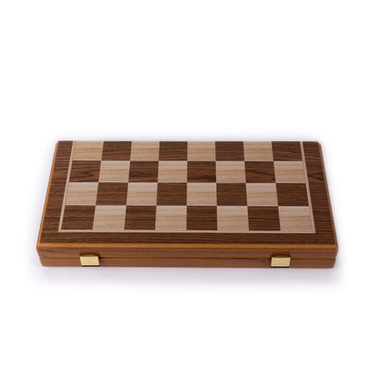 Handcrafted Walnut 3-in-1 Chess, Backgammon, and Checkers Set - Elegant Marquetry Design
