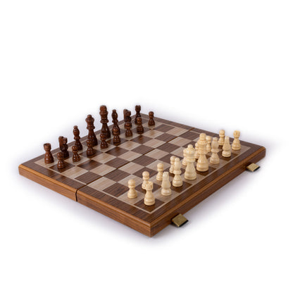 Handcrafted Walnut 3-in-1 Chess, Backgammon, and Checkers Set - Elegant Marquetry Design