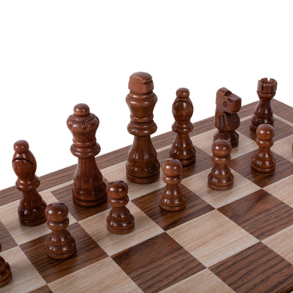 Handcrafted Walnut 3-in-1 Chess, Backgammon, and Checkers Set - Elegant Marquetry Design