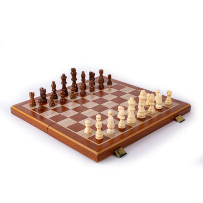 Handcrafted Mahogany 3-in-1 Chess, Backgammon, and Checkers Set - Elegant Marquetry Design