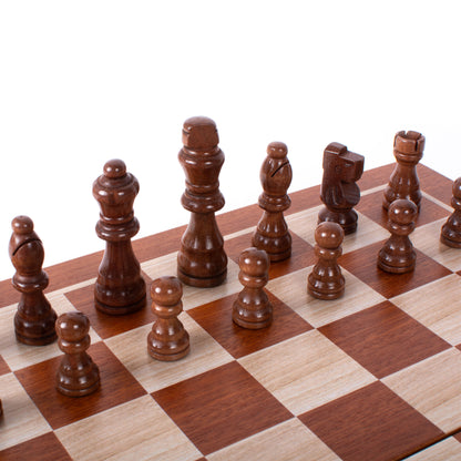 Handcrafted Mahogany 3-in-1 Chess, Backgammon, and Checkers Set - Elegant Marquetry Design