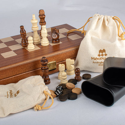 Handcrafted Mahogany 3-in-1 Chess, Backgammon, and Checkers Set - Elegant Marquetry Design