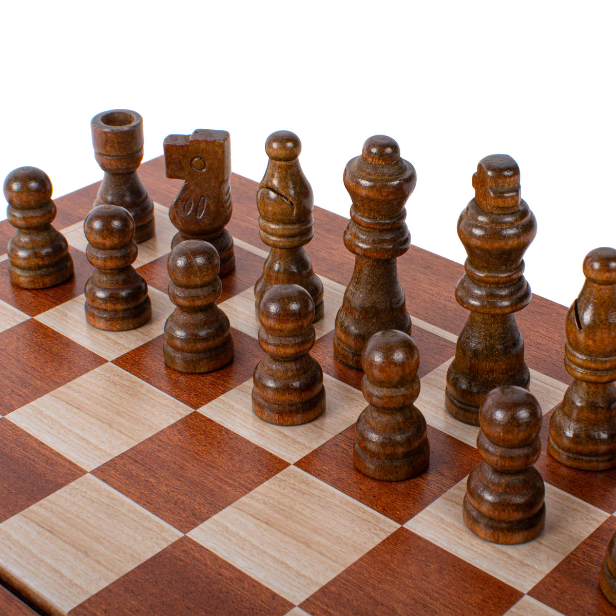 Handcrafted Mahogany 3-in-1 Chess, Backgammon, and Checkers Set - Elegant Marquetry Design