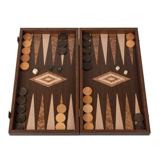 Handcrafted Wenge & Walnut Burl Backgammon Set - Elegant Marquetry Design