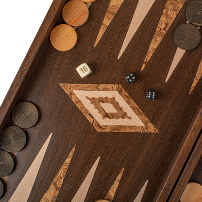 Handcrafted Wenge & Walnut Burl Backgammon Set - Elegant Marquetry Design