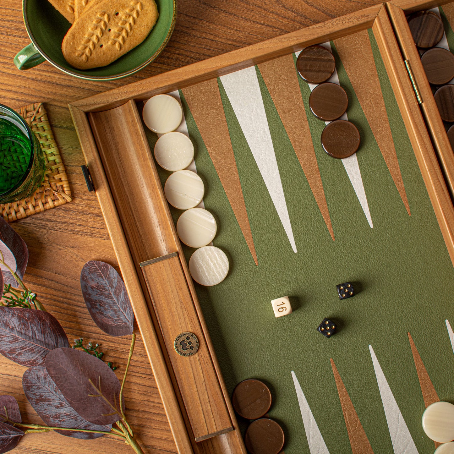 Premium Leatherette Olive Green Backgammon Set