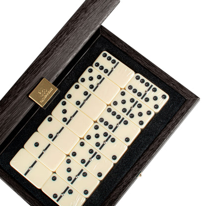 Luxury Dominoes Set in Dark Grey Leatherette with Wooden Case
