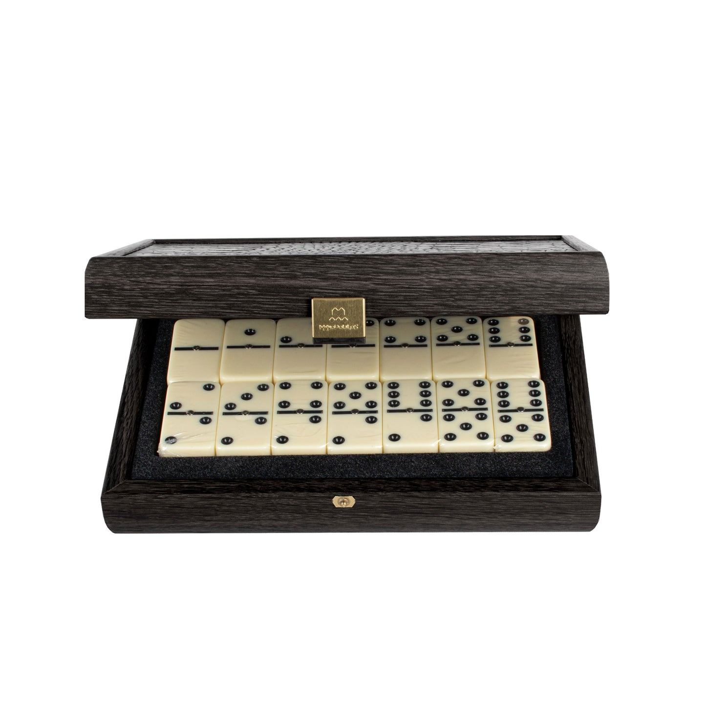 Luxury Dominoes Set in Dark Grey Leatherette with Wooden Case
