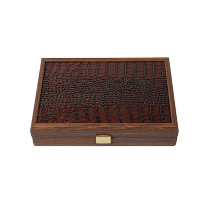 Luxury Domino Set in Brown Leather Crocodile tote with Wooden Case