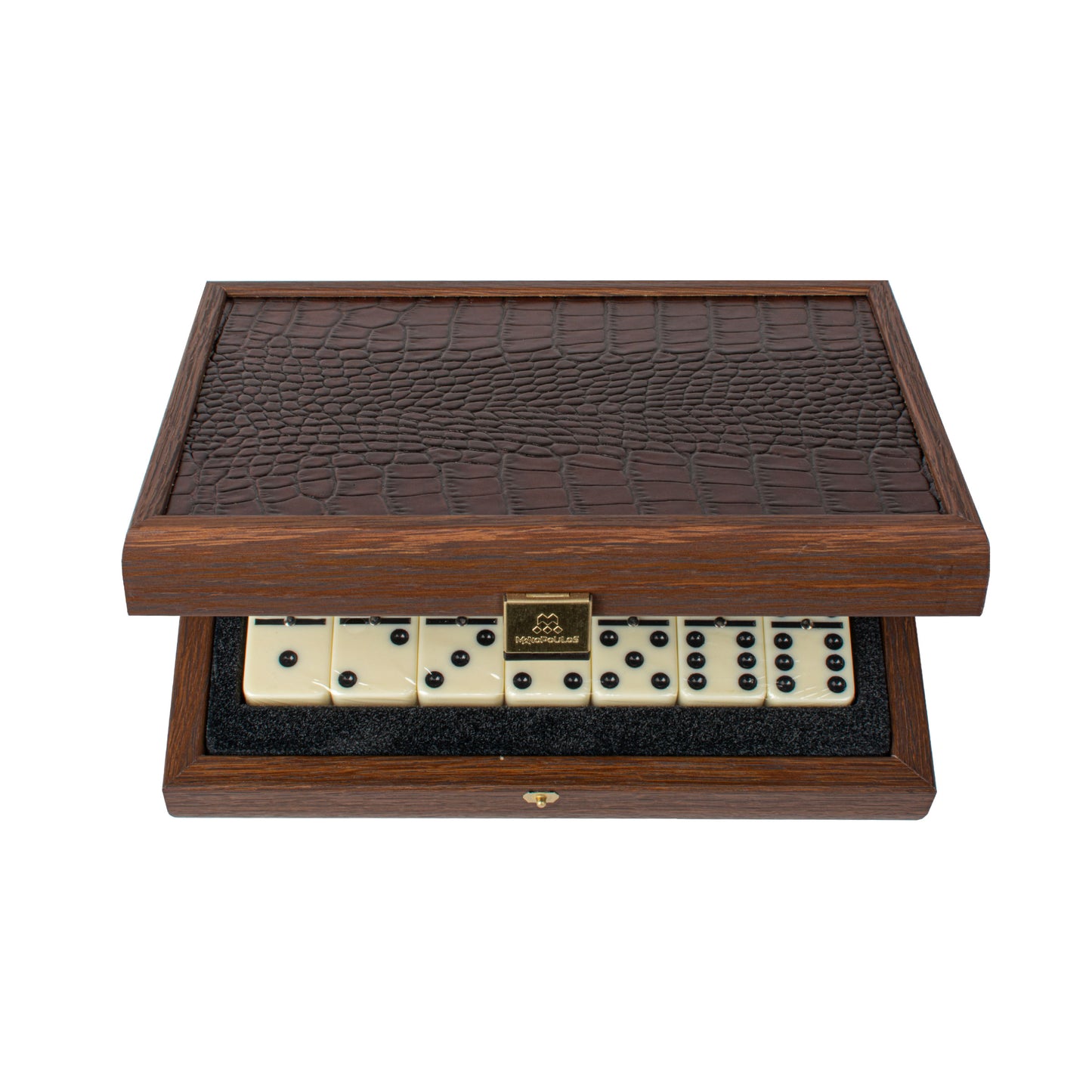 Luxury Domino Set in Brown Leather Crocodile tote with Wooden Case