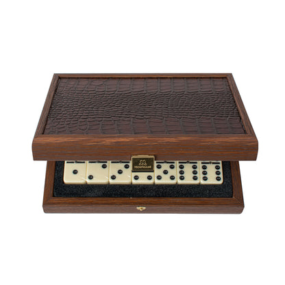 Luxury Domino Set in Brown Leather Crocodile tote with Wooden Case