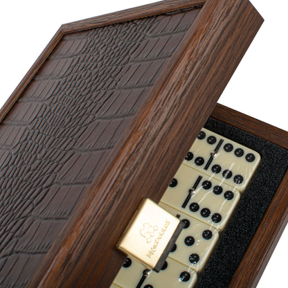 Luxury Domino Set in Brown Leather Crocodile tote with Wooden Case