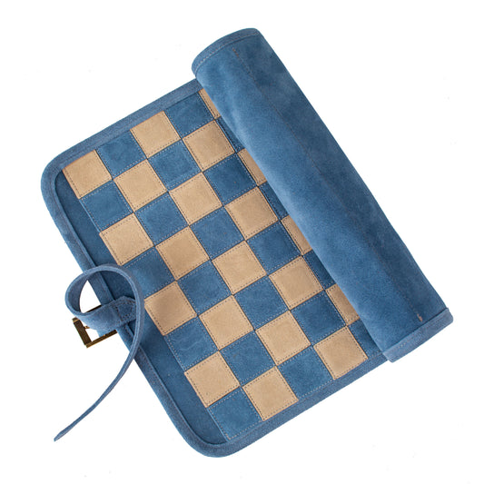 Premium Handcrafted Denim Blue Suede Roll-Up Chess Set with Metal Chessmen