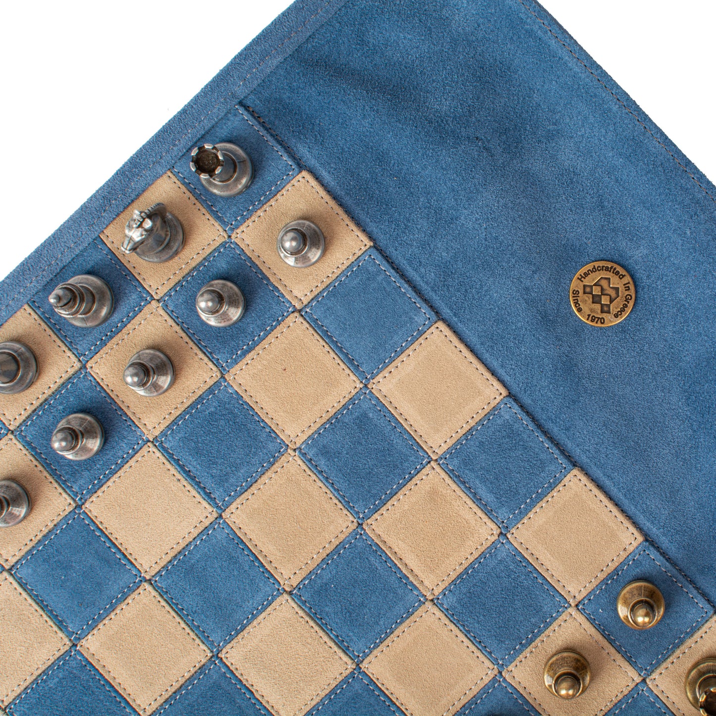 Premium Handcrafted Denim Blue Suede Roll-Up Chess Set with Metal Chessmen
