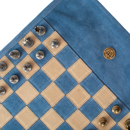 Premium Handcrafted Denim Blue Suede Roll-Up Chess Set with Metal Chessmen