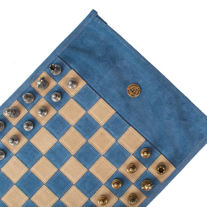 Premium Handcrafted Denim Blue Suede Roll-Up Chess Set with Metal Chessmen