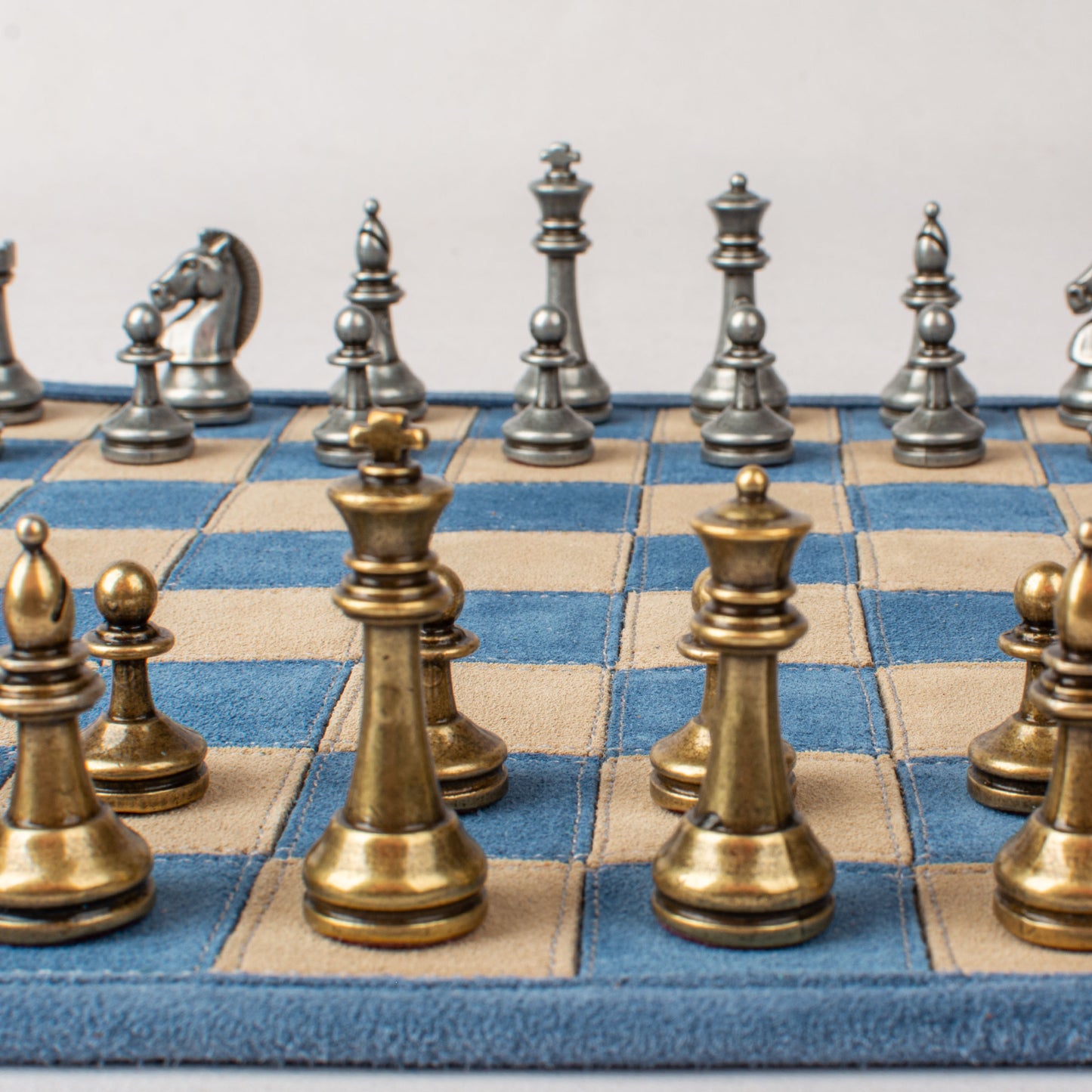 Premium Handcrafted Denim Blue Suede Roll-Up Chess Set with Metal Chessmen