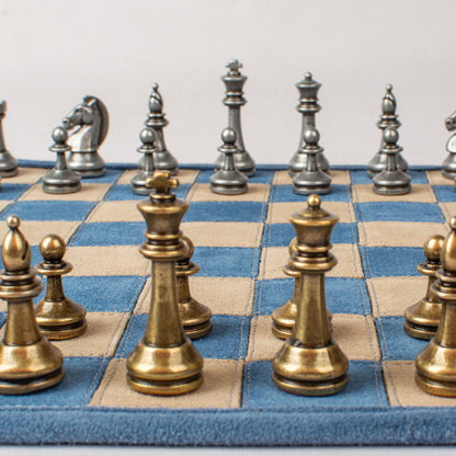 Premium Handcrafted Denim Blue Suede Roll-Up Chess Set with Metal Chessmen