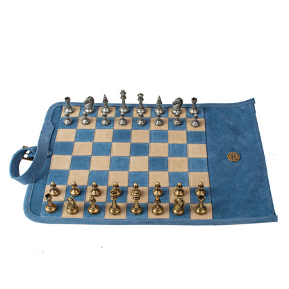 Premium Handcrafted Denim Blue Suede Roll-Up Chess Set with Metal Chessmen