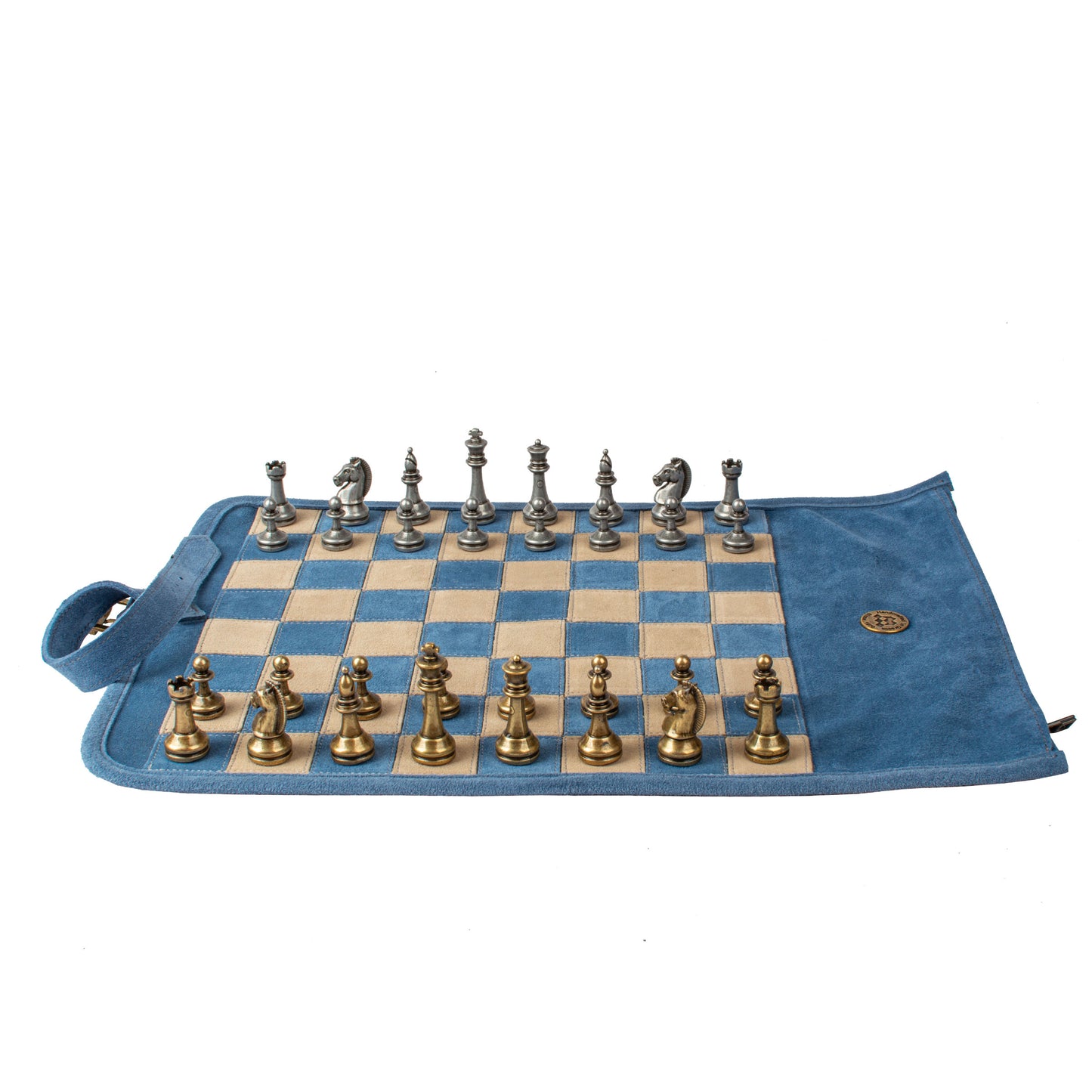 Premium Handcrafted Denim Blue Suede Roll-Up Chess Set with Metal Chessmen