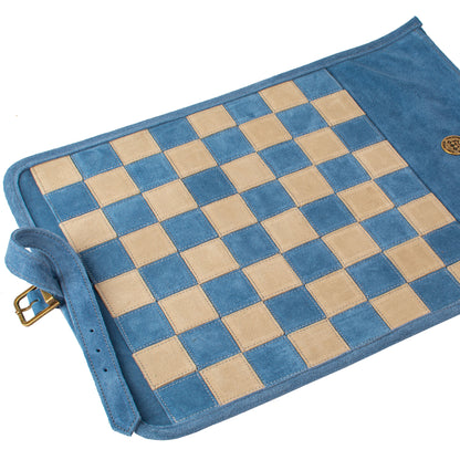 Premium Handcrafted Denim Blue Suede Roll-Up Chess Set with Metal Chessmen