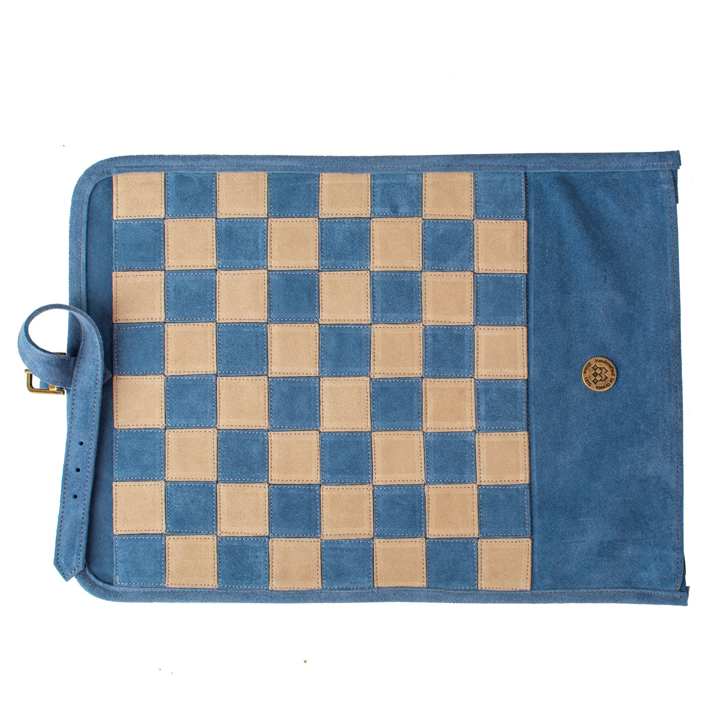 Premium Handcrafted Denim Blue Suede Roll-Up Chess Set with Metal Chessmen