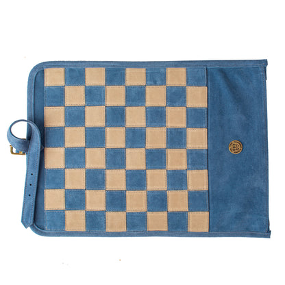 Premium Handcrafted Denim Blue Suede Roll-Up Chess Set with Metal Chessmen