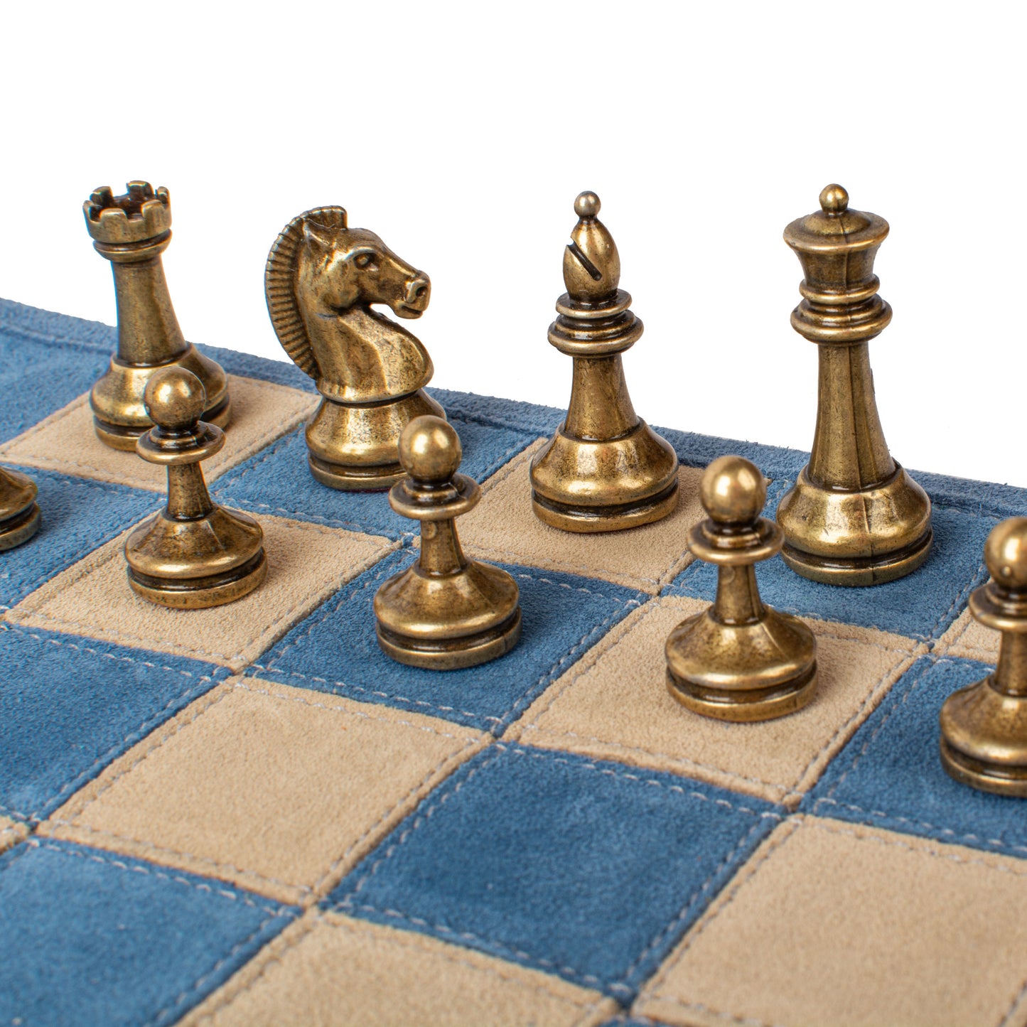 Premium Handcrafted Denim Blue Suede Roll-Up Chess Set with Metal Chessmen