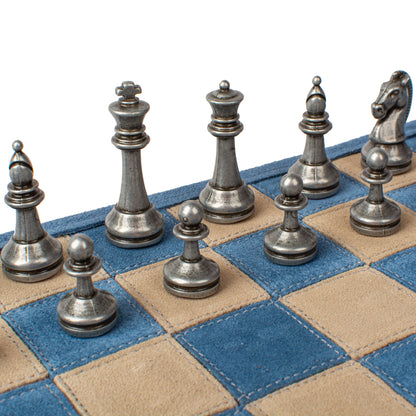 Premium Handcrafted Denim Blue Suede Roll-Up Chess Set with Metal Chessmen