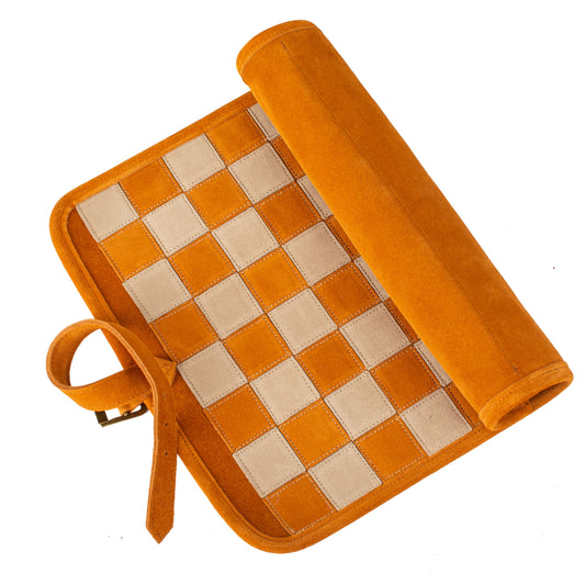 Premium Handcrafted Cinnamon Brown Suede Roll-Up Chess Set with Metal Chessmen