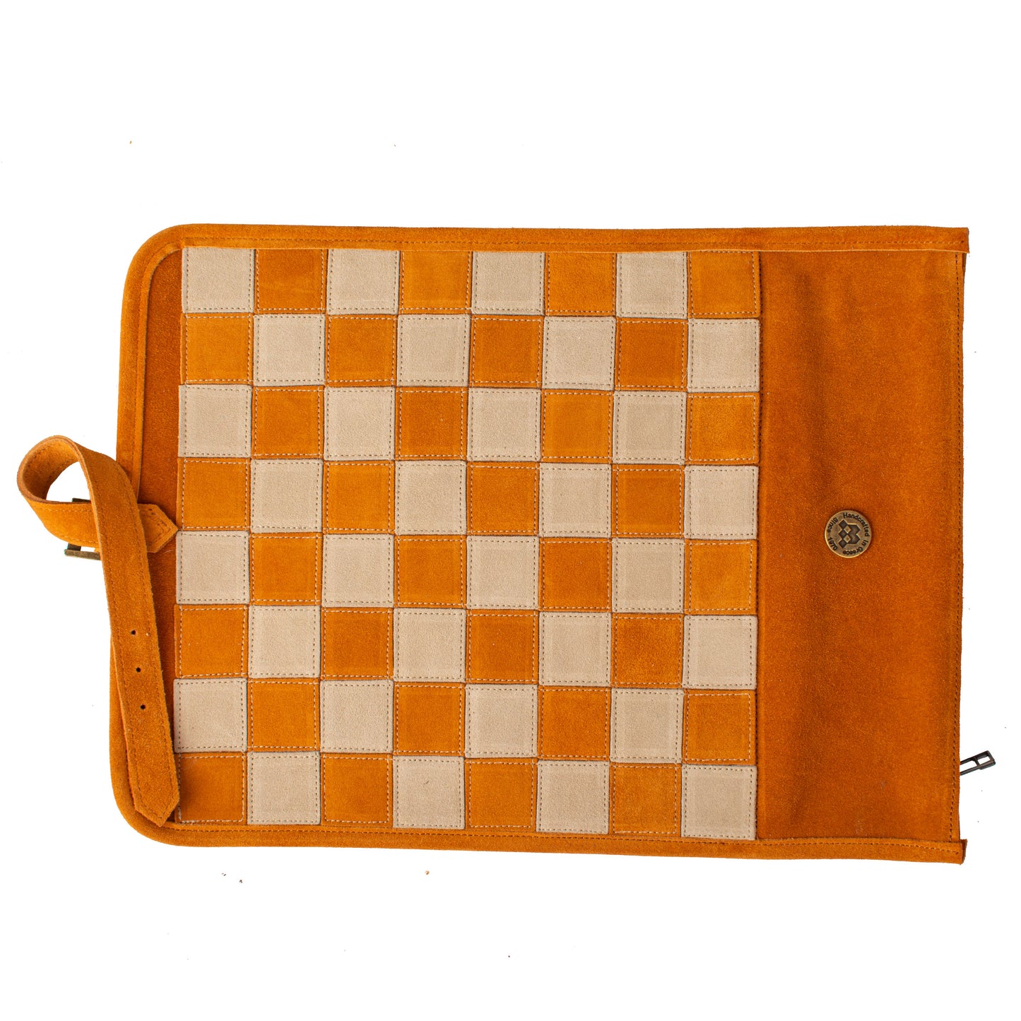 Premium Handcrafted Cinnamon Brown Suede Roll-Up Chess Set with Metal Chessmen